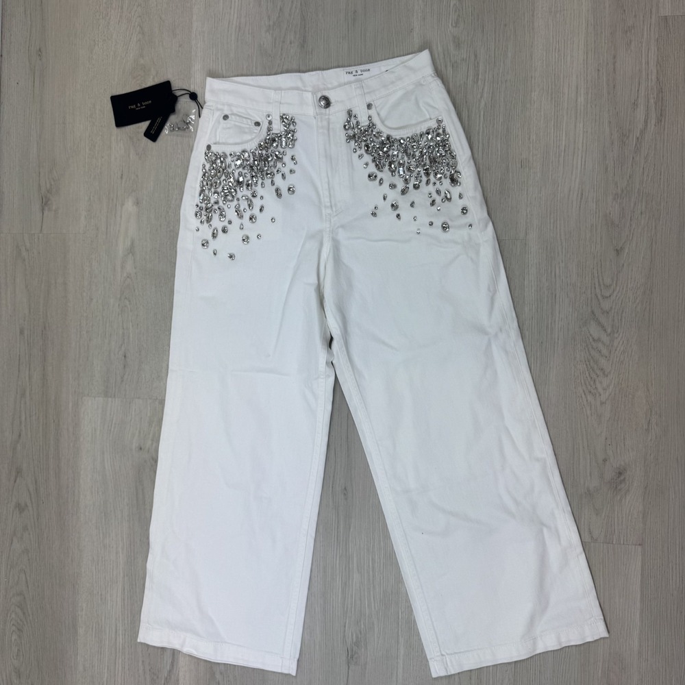 Rag & Bone The Andi Embellished High Rise Ankle Wide Leg Jeans 26 White Jewel - Picture 8 of 12